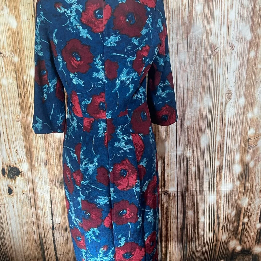 Black Halo Sheath Dress Womens 8 Floral Petrol Blue Red Zipper Side Slit - Picture 6 of 9